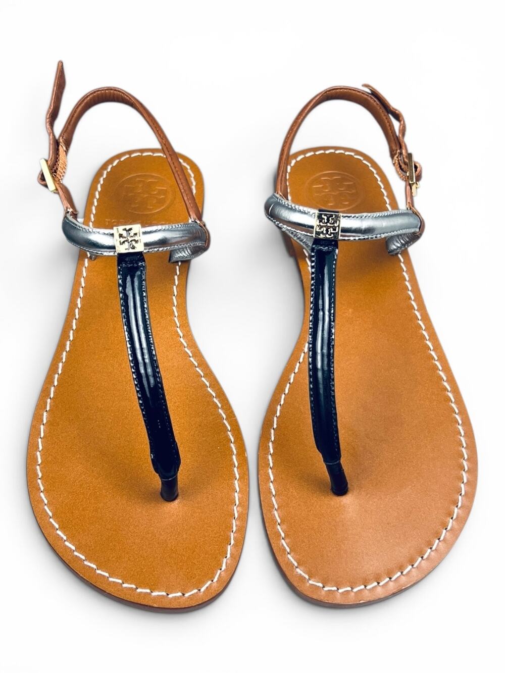 Tory Burch Emmy Colorblock T Strap Sandals Silver Black Tan 9.5